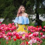 Montreal Botanical Gardens tulips Modcloth midi skirt Zara off-the-shoulder top embroidered clutch Le Chateau pumps heels spring fashion 4