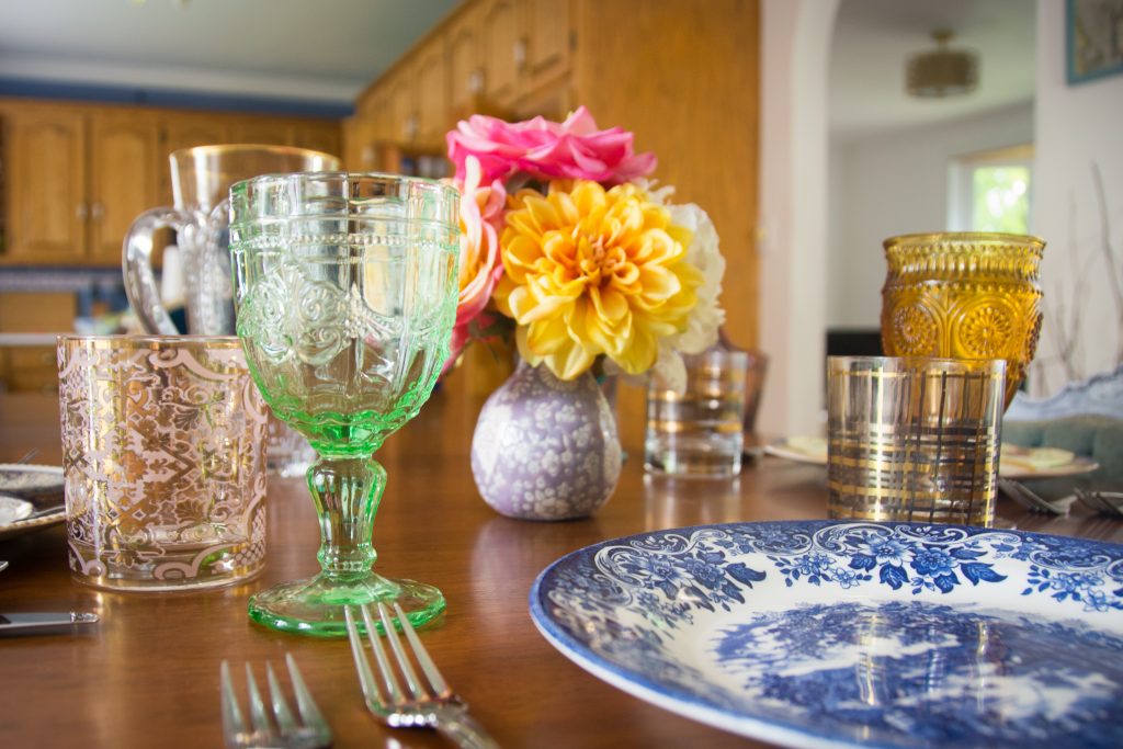 mismatched antique vintage ornate dinnerware dishware glassware cutlery 2