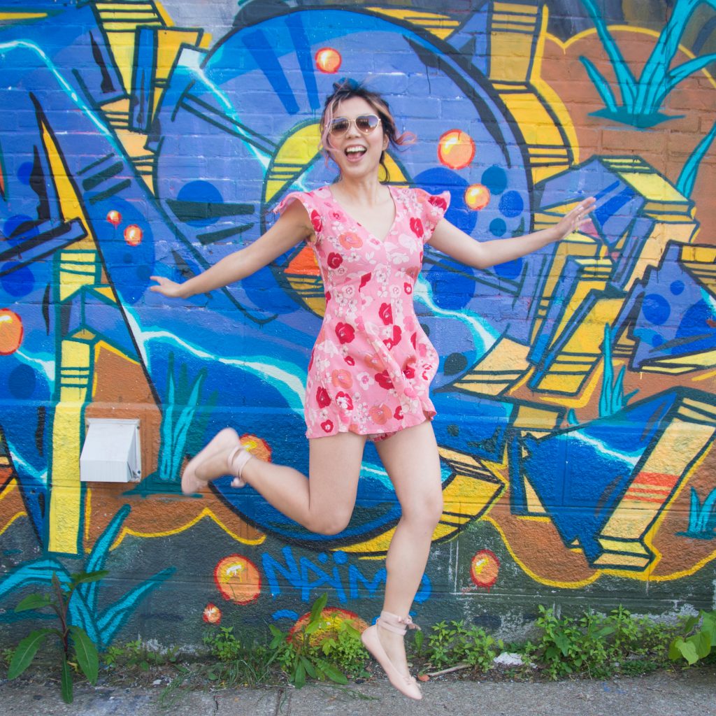 pink floral romper asos Forever 21 ballet flats Kate Spade emerson place emi black graffiti mural 4