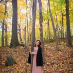 Montreal fall autumn leaves Mount Royal Zara dusty pink strapless maxi dress black cape fashion 4