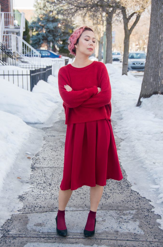 Valentine's Day all red outfit fashion circle midi skirt sweater burgundy socks black wedges pink hair 1