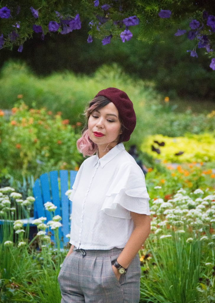 Simons Parkhurst burgundy beret Forever 21 tiered sleeve shirt blouse Montreal fashion blog