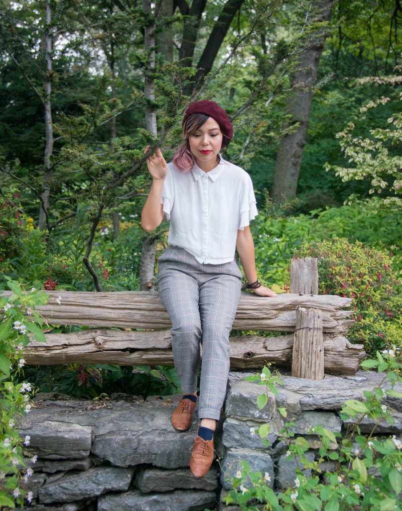 Simons Parkhurst burgundy beret Forever 21 tiered sleeve shirt blouse checked trousers pants oxford shoes Montreal fashion blog