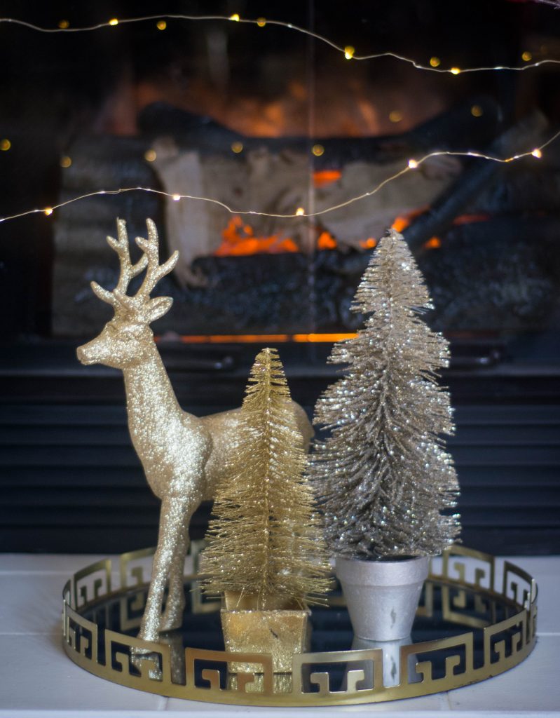 gold glitter reindeer tree fireplace tray display Christmas holiday decor Montreal lifestyle fashion beauty blog