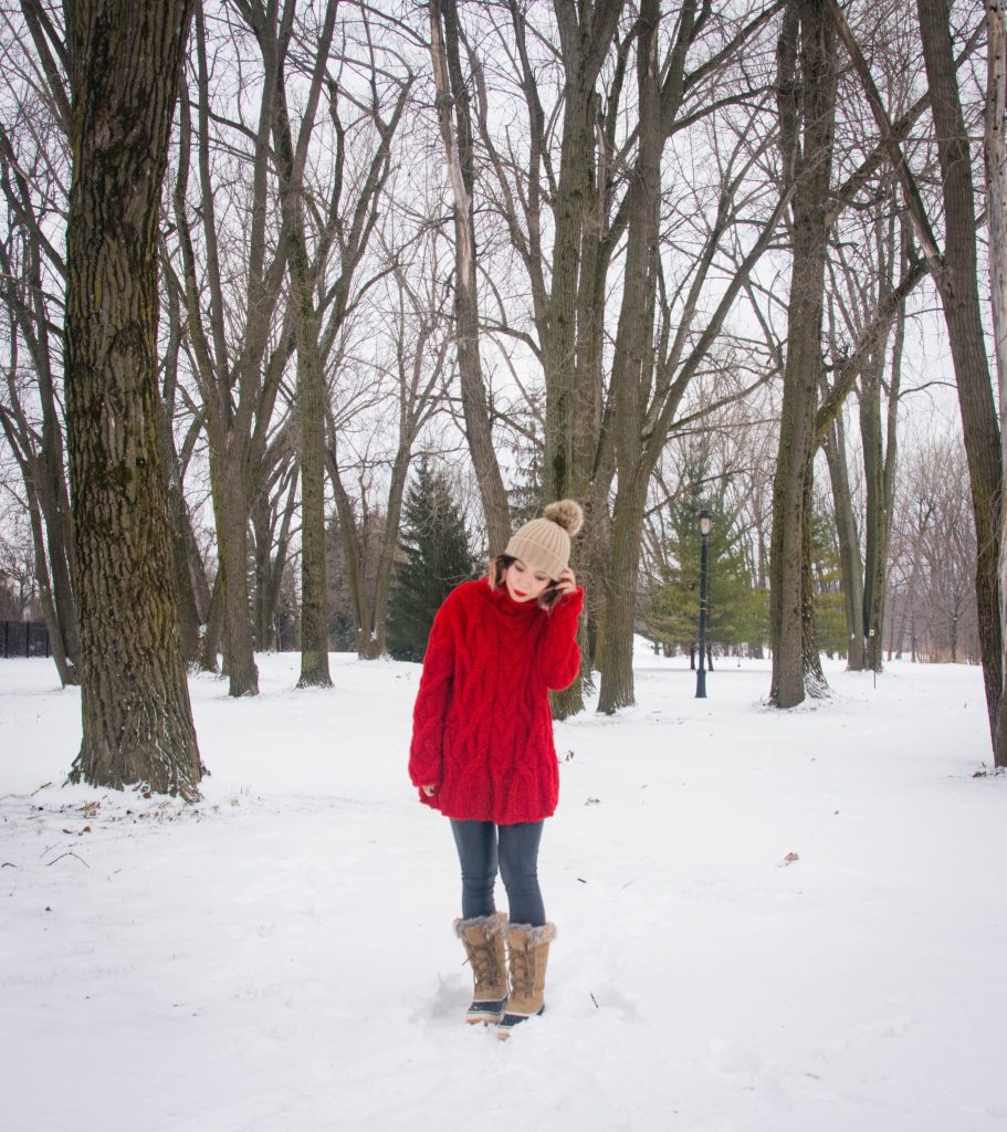 Zara oversized red cable knit turtleneck beige pompom hat leather leggings Northside Kathmandu winter boots Montreal fashion blog 1