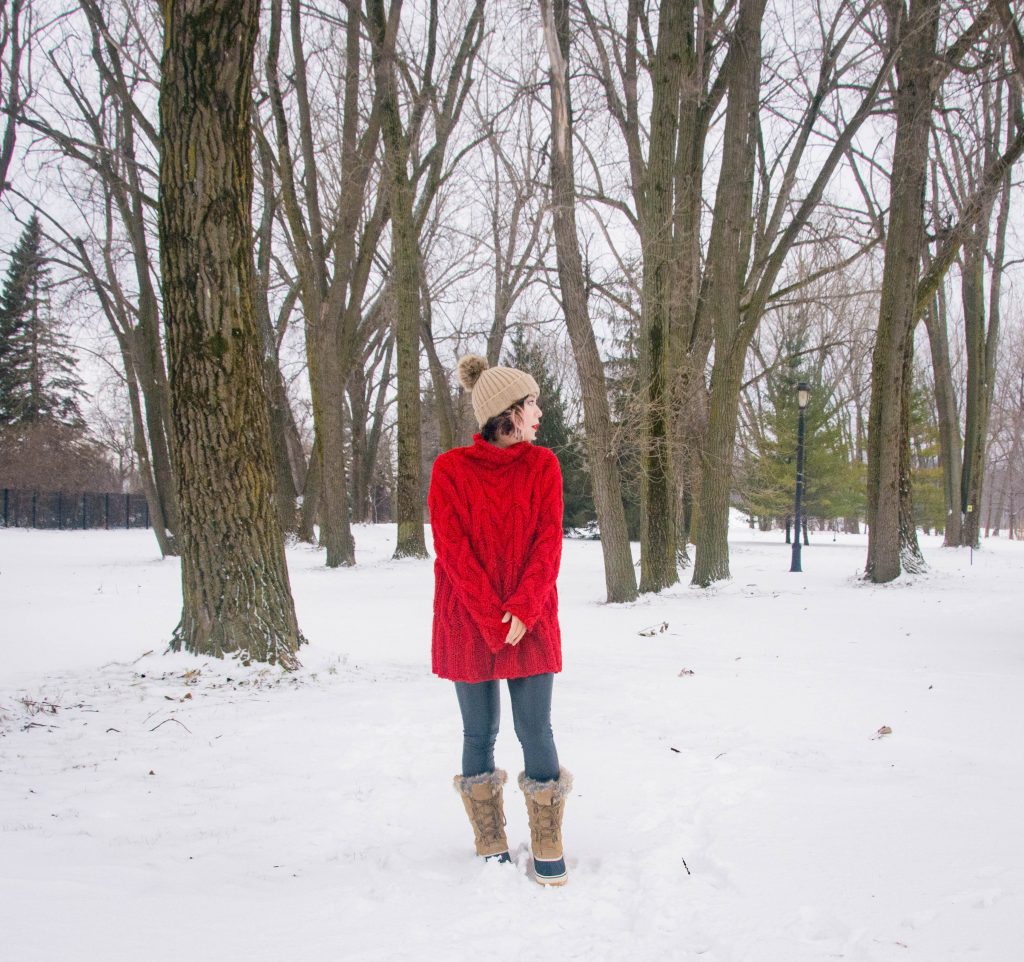 Zara oversized red cable knit turtleneck beige pompom hat leather leggings Northside Kathmandu winter boots Montreal fashion blog 2