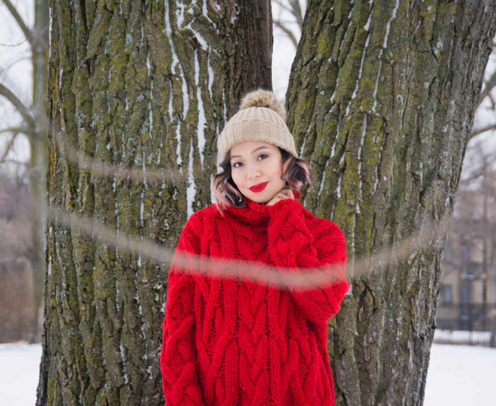 Zara oversized red cable knit turtleneck beige pompom hat leather leggings Northside Kathmandu winter boots Montreal fashion blog 4