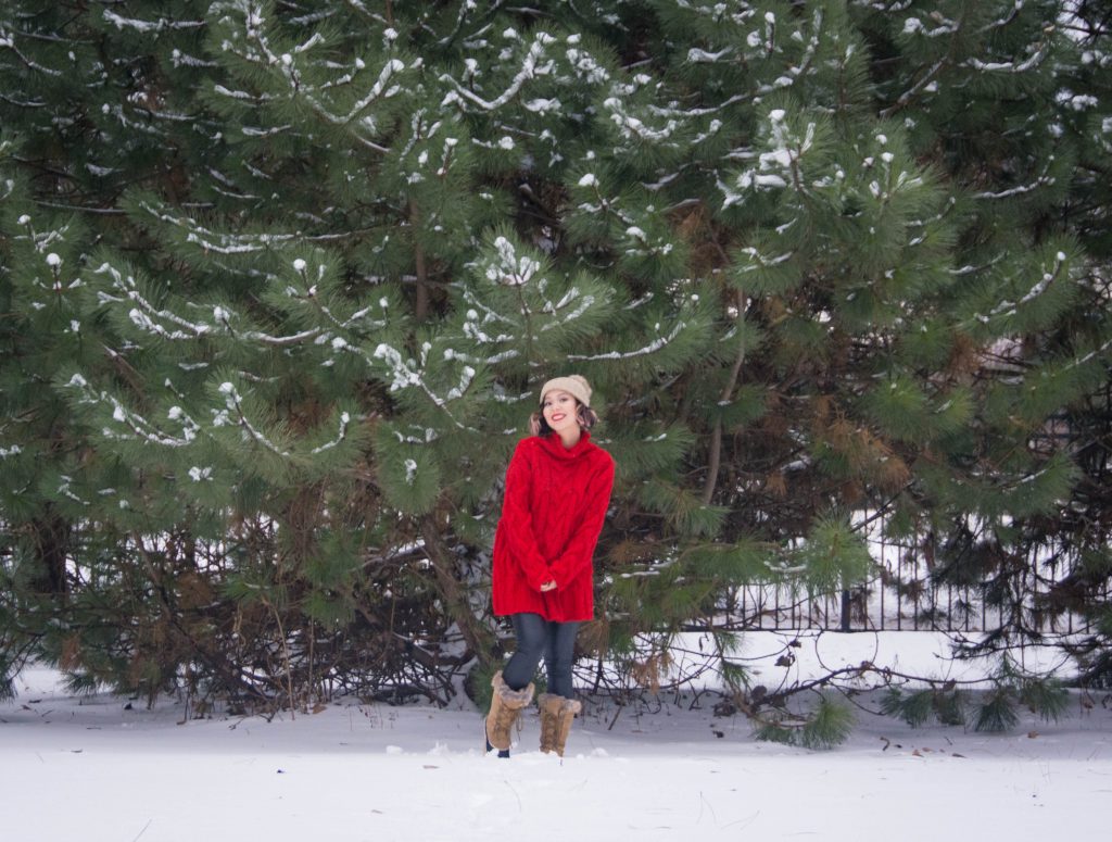 Zara oversized red cable knit turtleneck beige pompom hat leather leggings Northside Kathmandu winter boots Montreal fashion blog 5