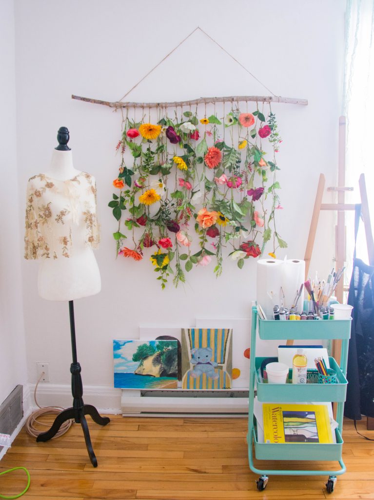 dress form floral wall hanging utility cart office remodel Montreal decor lifestyle blog