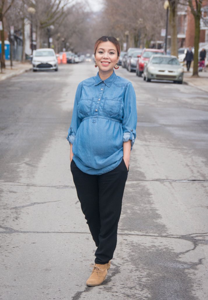 Thyme Maternity Long Sleeve Tencel Blouse denim shirtdress H&M MAMA wide-leg pants maternity fashion Montreal fashion beauty lifestyle blog 2